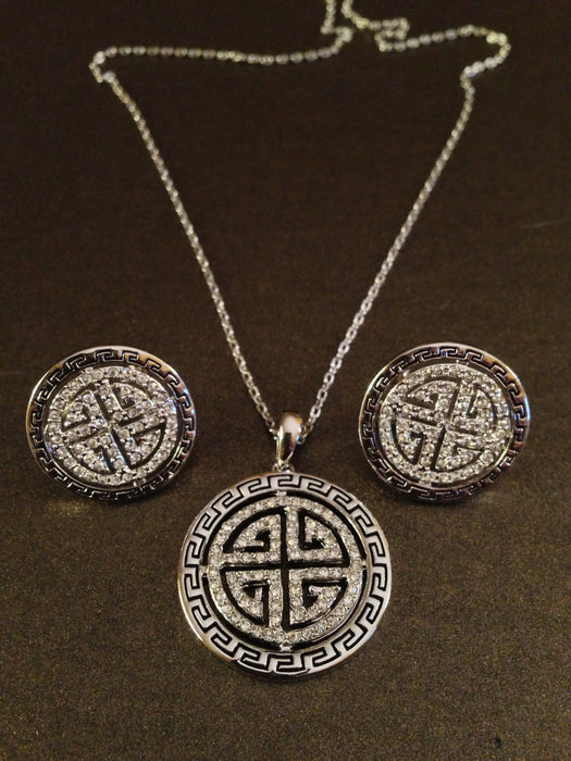 Crystal Medallion Necklace Set (Silver)